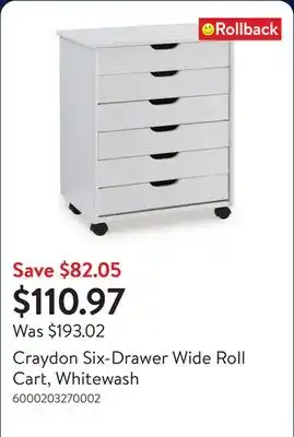 Walmart Craydon Six-Drawer Wide Roll Cart, Whitewash offer