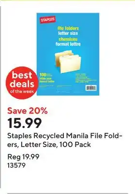 Staples Staples Recycled Manila File Folders, Letter Size, 100 Pack offer