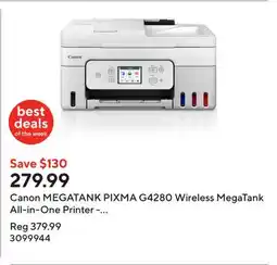 Staples Canon MEGATANK PIXMA G4280 Wireless MegaTank All-in-One Printer - White offer