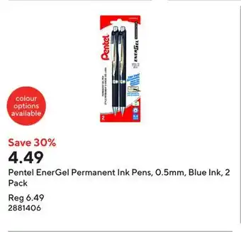 Staples Pentel EnerGel Permanent Ink Pens, 0.5mm, Blue Ink, 2 Pack offer