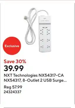 Staples NXT Technologies NX54317-CA NX54317, 8-Outlet 2 USB Surge Protector, 6ft, 2100 Joules, White offer