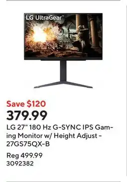 Staples LG 27 180 Hz G-SYNC IPS Gaming Monitor w/ Height Adjust - 27GS75QX-B offer