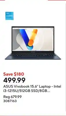 Staples ASUS Vivobook 15.6 Laptop - Intel i3-1215U/512GB SSD/8GB RAM/Windows 11 Home offer