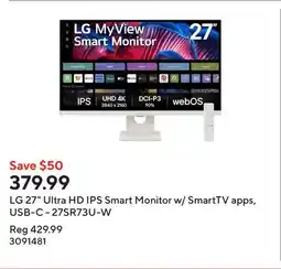 Staples LG 27 Ultra HD IPS Smart Monitor w/ SmartTV apps, USB-C - 27SR73U-W offer