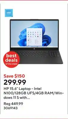 Staples HP 15.6 Laptop - Intel N100/128GB UFS/4GB RAM/Windows 11 S with 1-year of Microsoft 365 offer