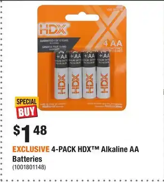 Home Depot EXCLUSIVE 4-PACK HDX Alkaline AA Batteries offer