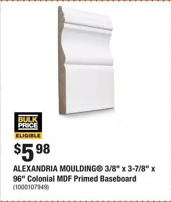 Home Depot ALEXANDRIA MOULDING 3/8 x 3-7/8 x 96 Colonial MDF Primed Baseboard offer