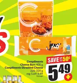 FreshCo Compliments Cheese Bars 400 g Compliments Shredded Cheese 226-320 g offer