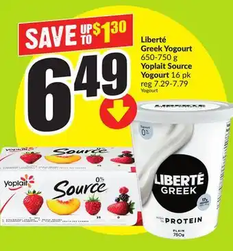 FreshCo Liberté Greek Yogourt 650-750 g Yoplait Source Yogourt 16 pk offer