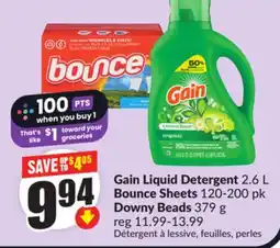 FreshCo Gain Liquid Detergent 2.6 L Bounce Sheets 120-200 pk Downy Beads 379 g offer