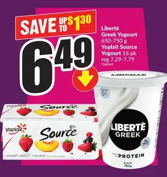 Chalo FreshCo Liberté Greek Yogourt 650-750 g Yoplait Source Yogourt 16 pk offer