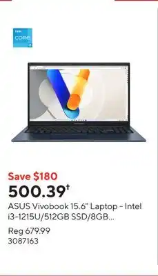 Staples ASUS Vivobook 15.6 Laptop - Intel i3-1215U/512GB SSD/8GB RAM/Windows 11 Home offer