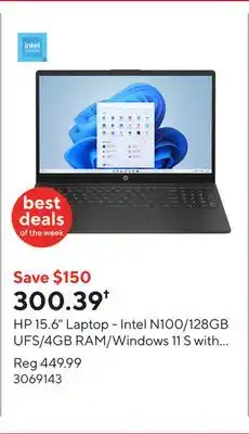 Staples HP 15.6 Laptop - Intel N100/128GB UFS/4GB RAM/Windows 11 S with 1-year of Microsoft 365 offer