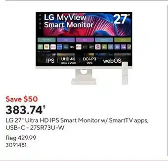 Staples LG 27 Ultra HD IPS Smart Monitor w/ SmartTV apps, USB-C - 27SR73U-W offer