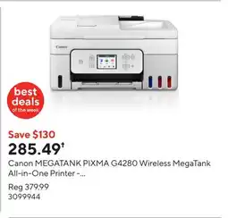 Staples Canon MEGATANK PIXMA G4280 Wireless MegaTank All-in-One Printer - White offer