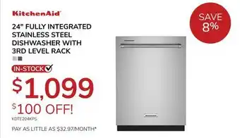 Goemans Appliances KITCHENAID 24 FULLY INTEGRATED STAINLESS STEEL DISHWASHER WITH 3RD LEVEL RACK offer