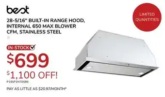 Goemans Appliances BEST 28-5/16 BUILT-IN RANGE HOOD, INTERNAL 650 MAX BLOWER CFM offer