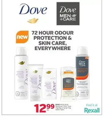 Rexall DOVE Whole Body Deodorant 73mL, Stick 74g-85g or Spray 113g offer