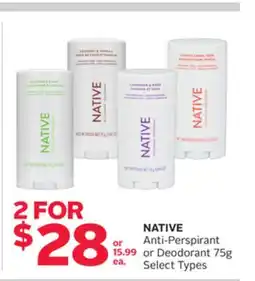 Rexall NATIVE Anti-Perspirant or Deodorant 75g offer