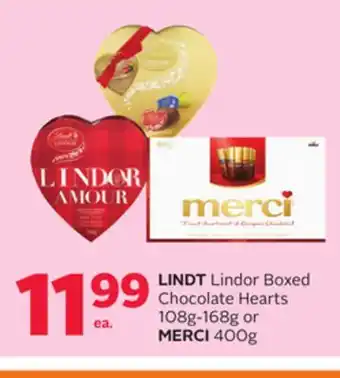 Rexall LINDT Lindor Boxed Chocolate Hearts 108g-168g or MERCI 400g offer