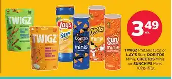 Rexall TWIGZ Pretzels 130g or LAY'S Stax, DORITOS Minis, CHEETOS Minis or SUNCHIPS Minis 102g-163g offer