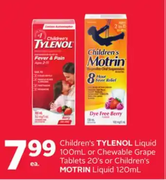 Rexall Children's TYLENOL Liquid 100mL or Chewable Grape Tablets 20' s or Children's MOTRIN Liquid 120mL offer