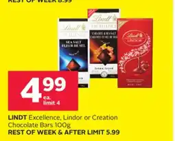 Rexall LINDT Excellence, Lindor or Creation Chocolate Bars 100g offer