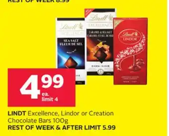 Rexall LINDT Excellence, Lindor or Creation Chocolate Bars 100g offer