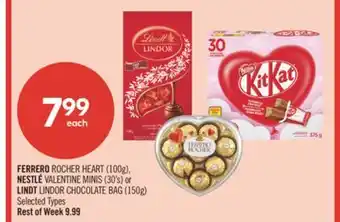 Shoppers Drug Mart FERRERO ROCHER HEART (100g), NESTLÉ VALENTINE MINIS (30's) or LINDT LINDOR CHOCOLATE BAG (150g) offer