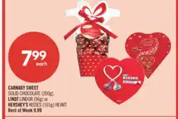 Shoppers Drug Mart CARNABY SWEET SOLID CHOCOLATE (200g), LINDT LINDOR (96g) or HERSHEY'S KISSES (165g) HEART offer