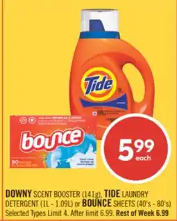 Shoppers Drug Mart DOWNY SCENT BOOSTER (141g), TIDE LAUNDRY DETERGENT (1L - 1.09L) or BOUNCE SHEETS (40's - 80's) offer