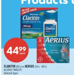 Shoppers Drug Mart CLARITIN (85's) or AERIUS (50's - 80's) ALLERGY TABLETS offer