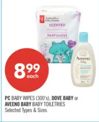 Shoppers Drug Mart PC Baby Wipes (300's), DOVE BABY or AVEENO BABY BABY TOILETRIES offer