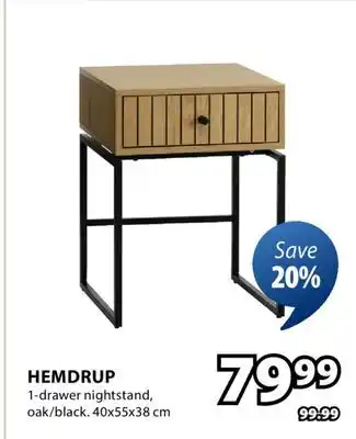 JYSK HEMDRUP 1 - drawer nightstand, oak/black offer