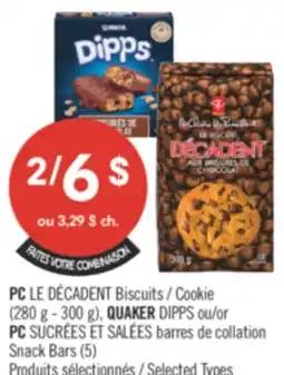 Pharmaprix PC THE DECADENT Cookies (280g-300g), QUAKER DIPPS or PC SWEET & SALTY Snack Bars (5's) offer