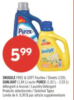 Pharmaprix SNUGGLE FREE & SOFT Sheets (120's), SUNLIGHT (1.84L) or PUREX (1.92L-2.03L) Laundry Detergent offer