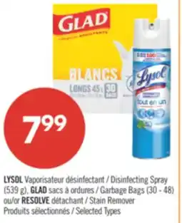 Pharmaprix LYSOL Disinfecting Spray (539 g), GLAD Garbage Bags (30 - 48) or RESOLVE Stain Remover offer