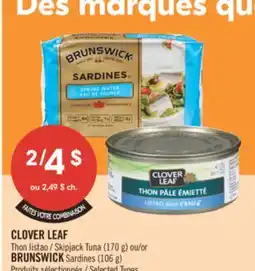 Pharmaprix CLOVER LEAF Skipjack Tuna (170 g) or BRUNSWICK Sardines (106 g) offer