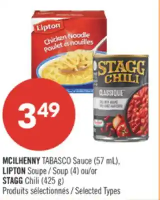 Pharmaprix MCILHENNY TABASCO Sauce (57 mL), LIPTON Soup (4) or STAGG Chili (425 g) offer