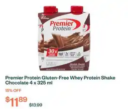 Voilà Premier Protein Gluten-Free Whey Protein Shake Chocolate 4 x 325 ml offer