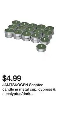 IKEA JÄMTSKOGEN Scented candle in metal cup, cypress & eucalyptus/dark green offer