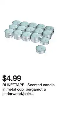 IKEA BUKETTAPEL Scented candle in metal cup, bergamot & cedarwood/pale green offer