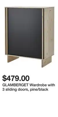 IKEA GLAMBERGET Wardrobe with 3 sliding doors, pine/black offer