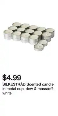 IKEA SILKESTRÄD Scented candle in metal cup, dew & moss/off-white offer