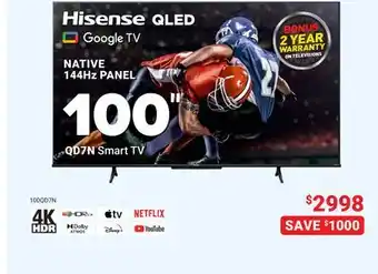 Visions Electronics Hisense QLED NATIVE 144Hz PANEL QD7N Smart TV offer