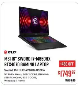 Canex MSI 16 SWORD I7-14650HX RTX4070 GAMING LAPTOP offer