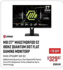 Canex MSI 27 MAG274QRFQD E2 180HZ QUANTUM DOT FLAT GAMING MONITORP offer