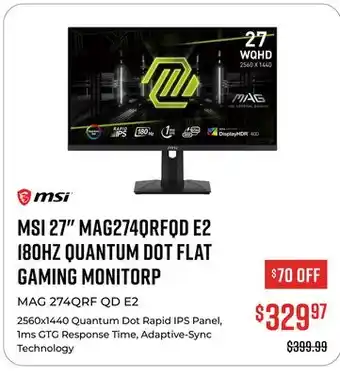 Canex MSI 27 MAG274QRFQD E2 180HZ QUANTUM DOT FLAT GAMING MONITORP offer