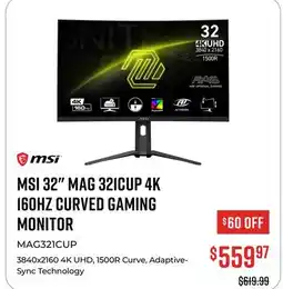 Canex MSI 32 MAG 321CUP 4K 160HZ CURVED GAMING MONITOR offer