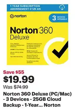 Best Buy Norton 360 Deluxe (PC/Mac) - 3 Devices - 25GB Cloud Backup - 1-Year Subscription - Digital Download offer